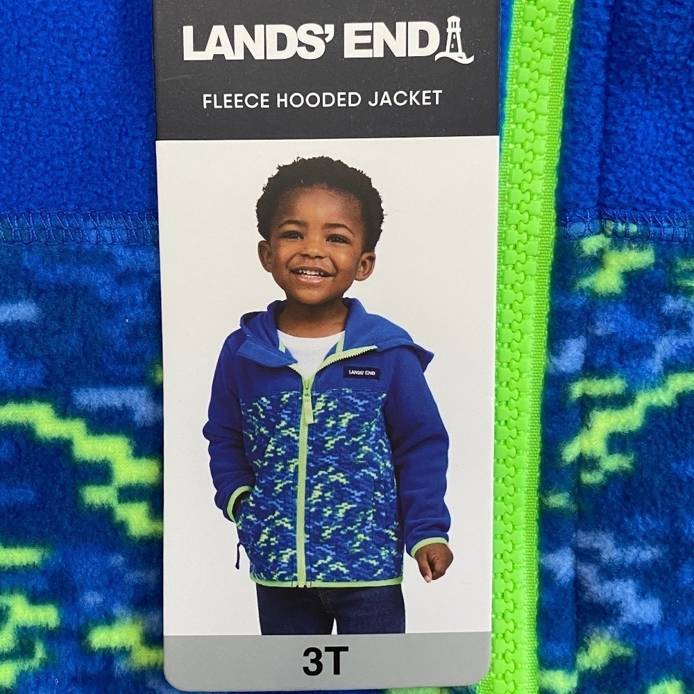 Lands' End Fleece Full Zip Hooded Jacket, Blue/Green, 3T, NWT